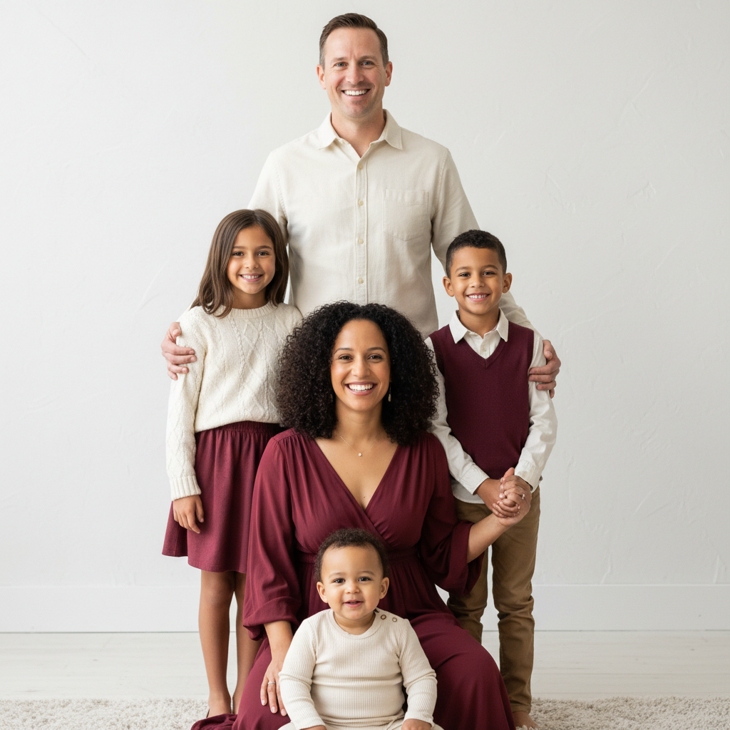 Standing Huddle - Whole family leans in together from a standing position, heads close together in the center. Arms around each other. Tight crop showing faces and connection.