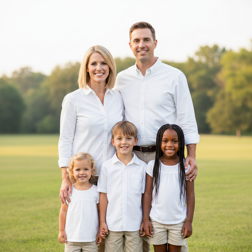 Two-Row Formation - Parents stand in the back row. Children stand in a row in front. Everyone faces camera with hands naturally at their sides or on hips. Classic school-photo style but with warmth.
