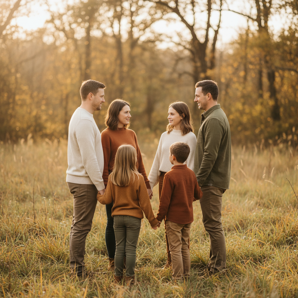 Holding Hands in a Line - Entire family stands in a line facing camera, all holding hands. Arms relaxed at sides with hands connected. Genuine smiles. Simple, elegant, and shows family unity.