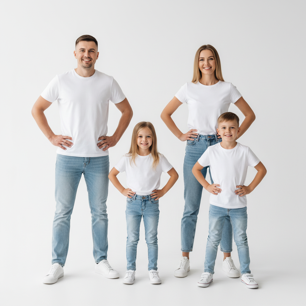 Parents in Center - Mom and dad stand in the center close together. Children surround them — one in front, others on the sides. Parents are the anchor of the composition.