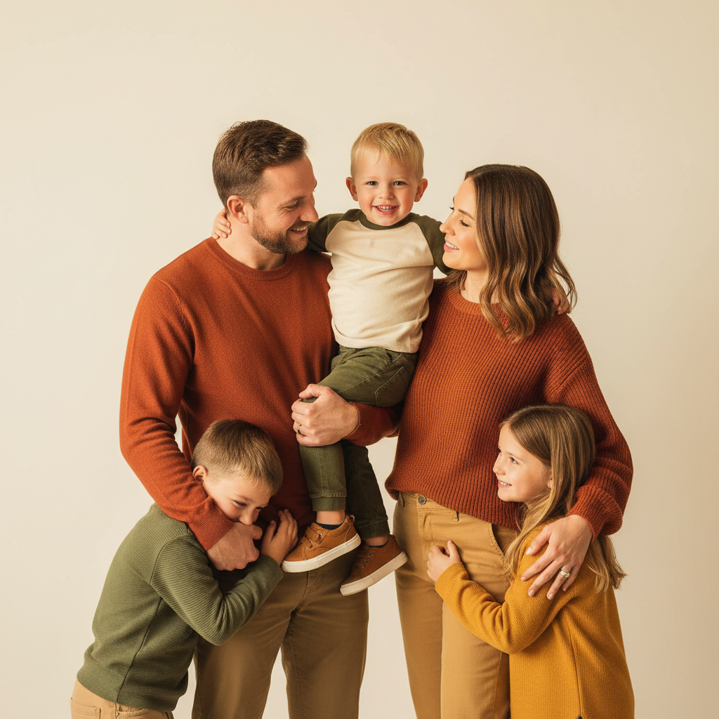 Side by Side Close - Family stands shoulder to shoulder in a tight line. No gaps between anyone. Arms at sides or around each other. Simple straight-on portrait with everyone at the same distance from camera.