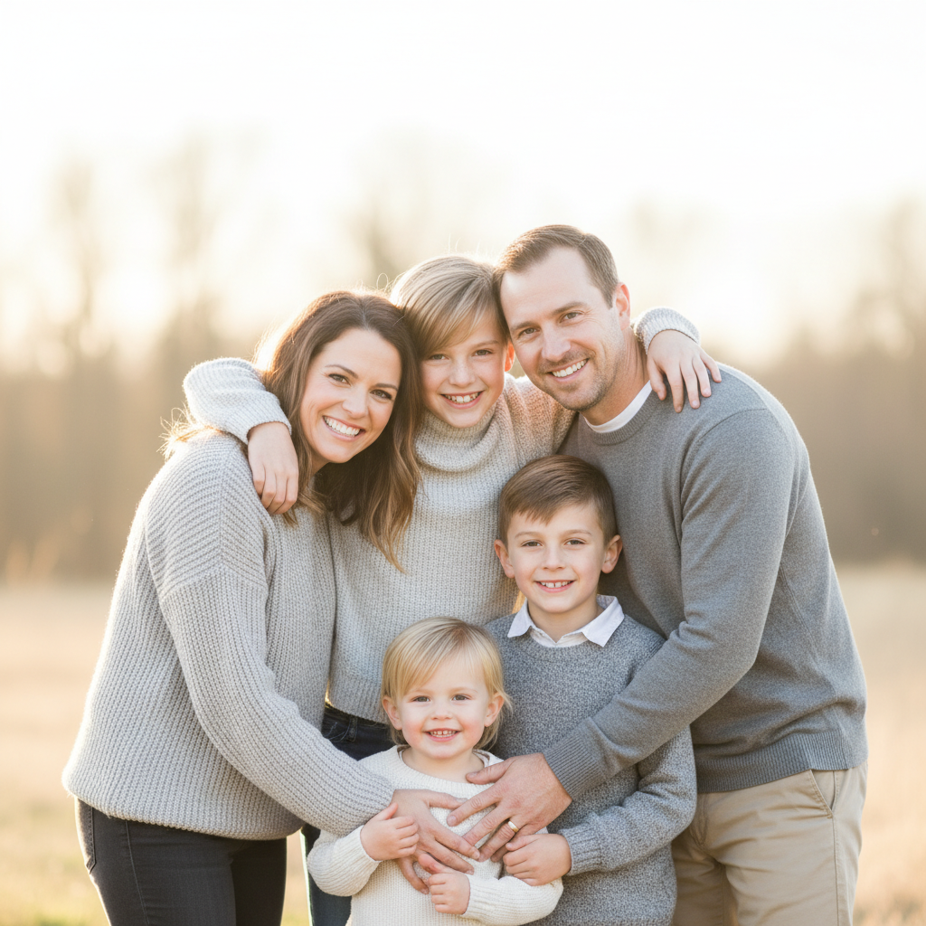 Casual Lean-In - Family stands naturally with everyone leaning slightly toward the center. Relaxed posture, some hands in pockets, natural weight shifts. Not stiff — feels like a candid moment frozen.