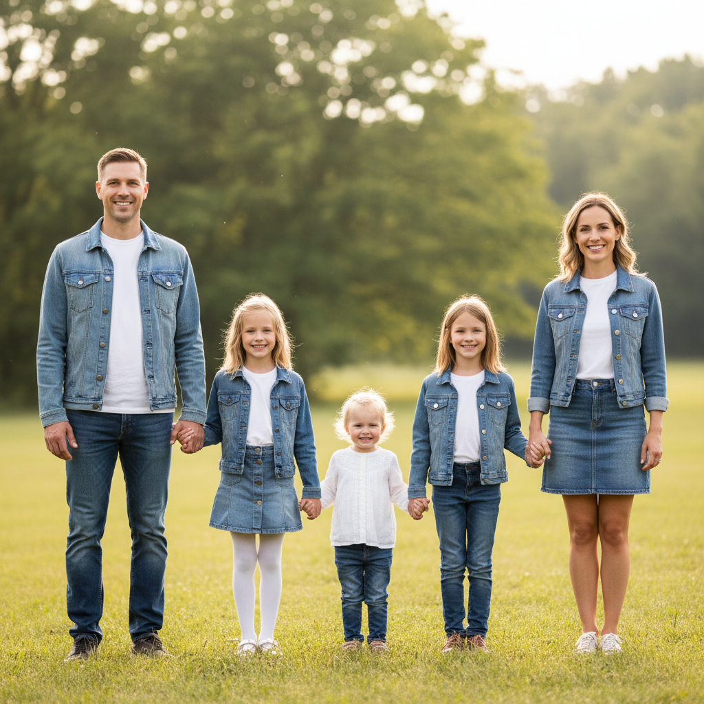 Inward Circle - Family stands in a small circle facing inward toward each other. Camera shoots from outside the circle capturing profiles and three-quarter faces. Intimate conversation feel.