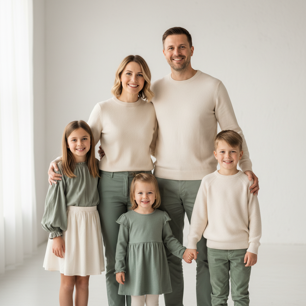 Youngest Front & Center - Youngest child stands proudly in front center. Parents stand directly behind with hands on child's shoulders. Older siblings stand on either side of the parents. Classic generational composition.