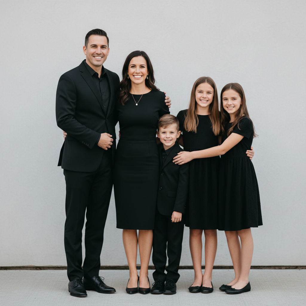 Walking Toward Camera - Family walks naturally toward the camera together as a group. Not posed walking — real steps, natural arm swings. Parents in the middle or back, kids scattered around. Relaxed smiles and conversation.
