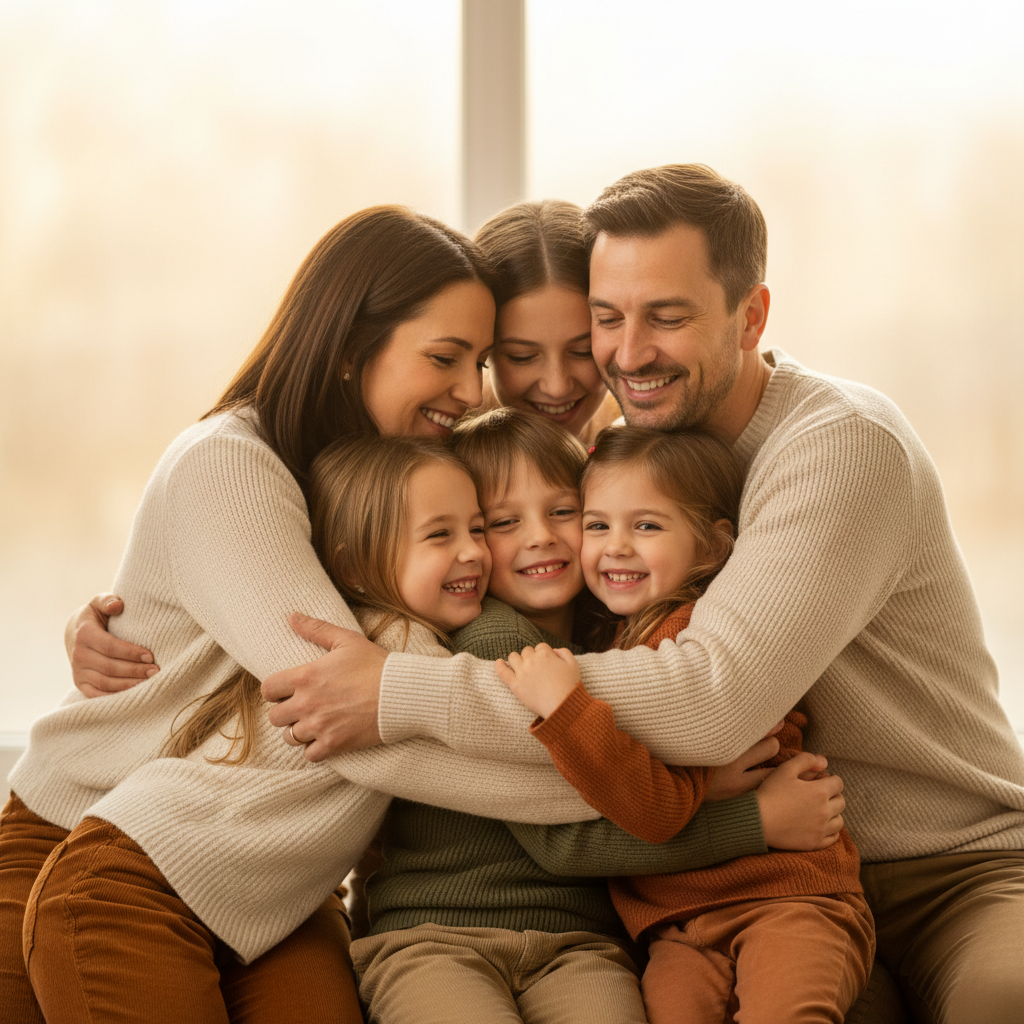 Diamond Formation - One parent in back, one in front, children on the sides creating a diamond shape. Everyone faces camera. Geometric and visually interesting standing arrangement.