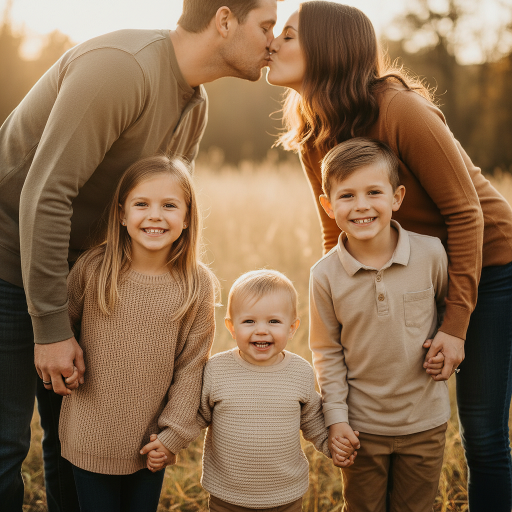 Piggyback & Hip Hold - Dad gives one child a piggyback. Mom holds the youngest on her hip. Middle child stands between them. Everyone faces camera smiling. Shows family closeness with varied heights.