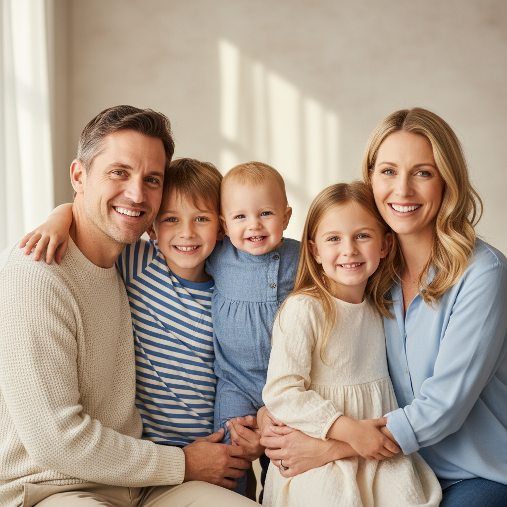 Looking the Same Way - Entire family stands together all looking in the same direction (not at camera). Creates a candid editorial feel. Everyone with natural expressions as if watching something beautiful.