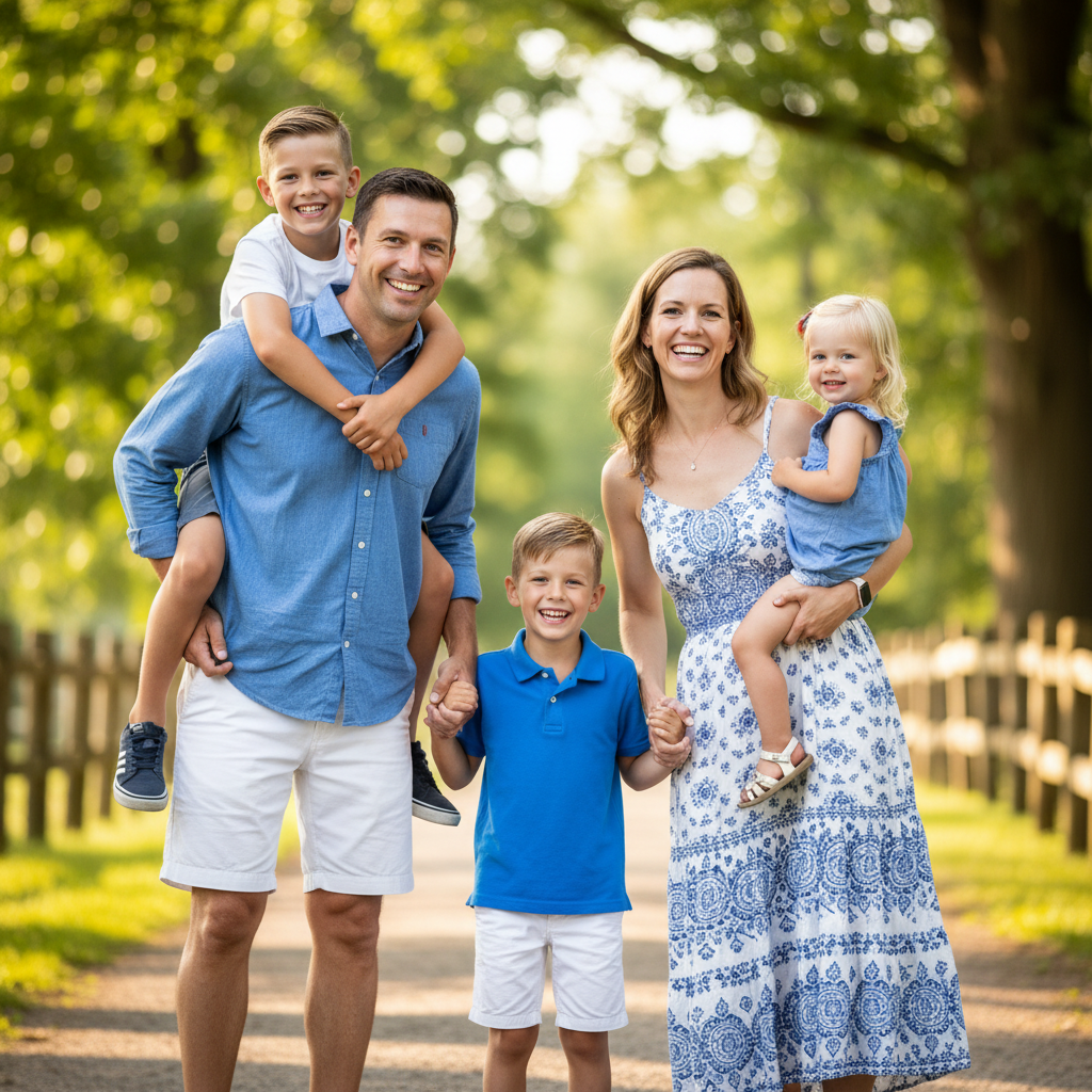 Kids Front, Parents Behind - Three children stand in front. Parents stand behind them with hands on children's shoulders. Classic generational portrait showing the kids as the center of the family.