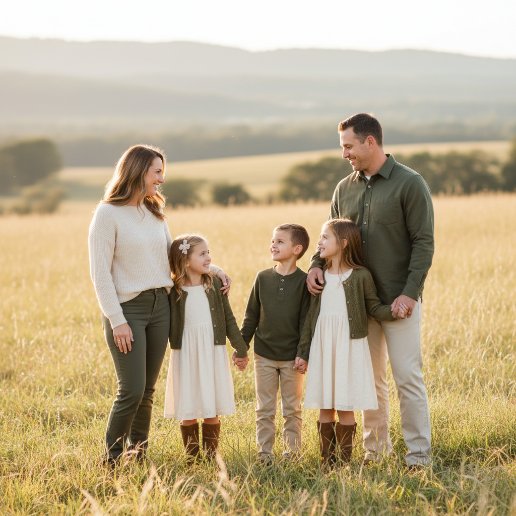 Angled In Toward Center - Family stands in a loose semicircle, everyone angled slightly inward toward the center. Creates depth and connection while everyone remains visible. Natural and conversational.