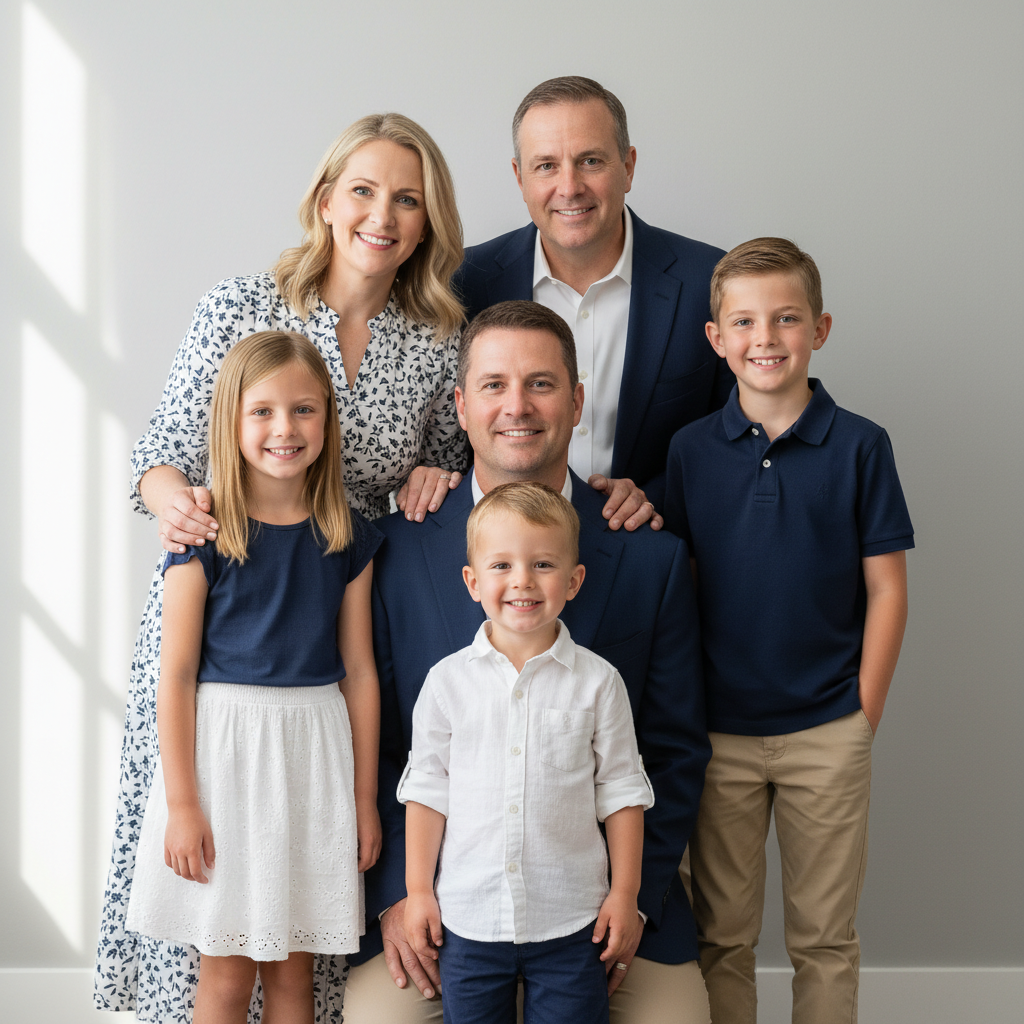 Mirror Pose - Everyone strikes the same pose — hands on hips, arms crossed, or pointing at camera. Matching body language creates a fun unified look. Works great for social media.
