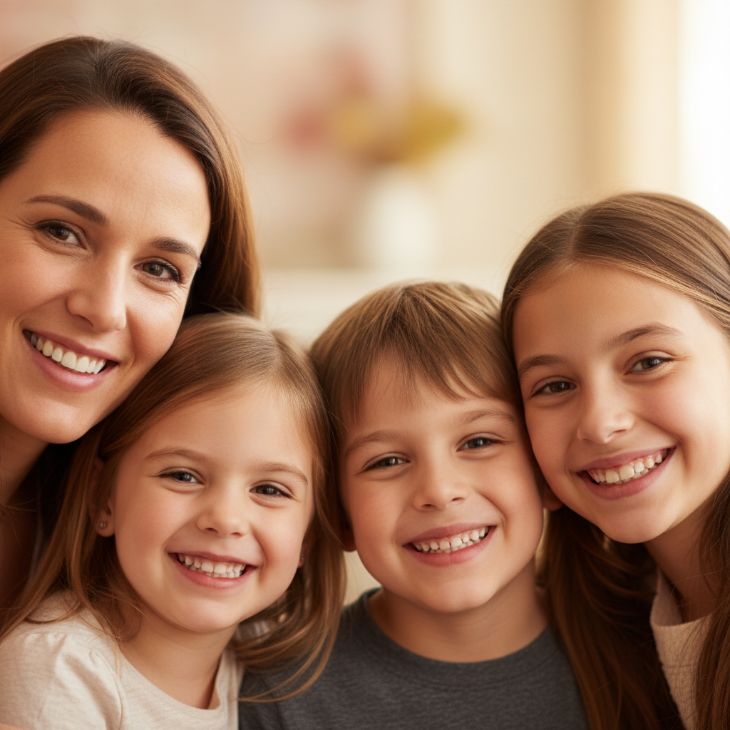 Faces Only Close-Up - Family leans in close for a tight face-only crop. All cheeks touching or nearly touching. Frame shows just the five faces. Big genuine smiles. Intimate and personal.