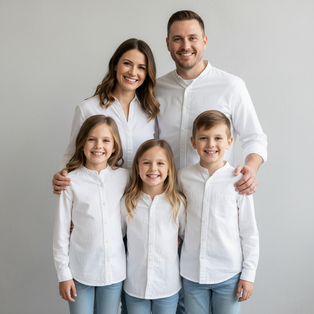 Parents Kiss, Kids Between - Parents lean in for a kiss above the children's heads. Children stand between them looking at camera with big smiles. Sweet, romantic, and shows the love that made the family.
