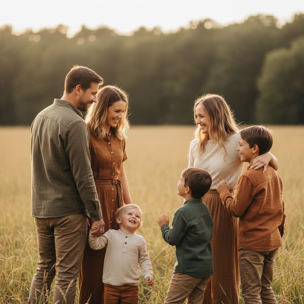 Natural Conversation - Family stands together looking at each other as if in genuine conversation. Not posed — capture real interaction. Some looking at each other, some laughing. The most authentic family portrait.
