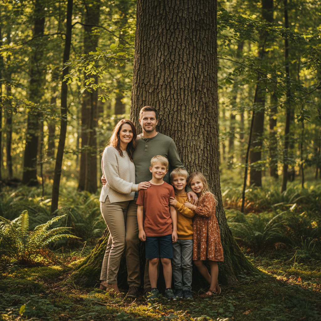 Leaning on the Oak Tree - Family stands together leaning against a large oak tree trunk. Parents on one side, children grouped on the other or in front. Dappled forest light filters through the canopy. Relaxed and natural.