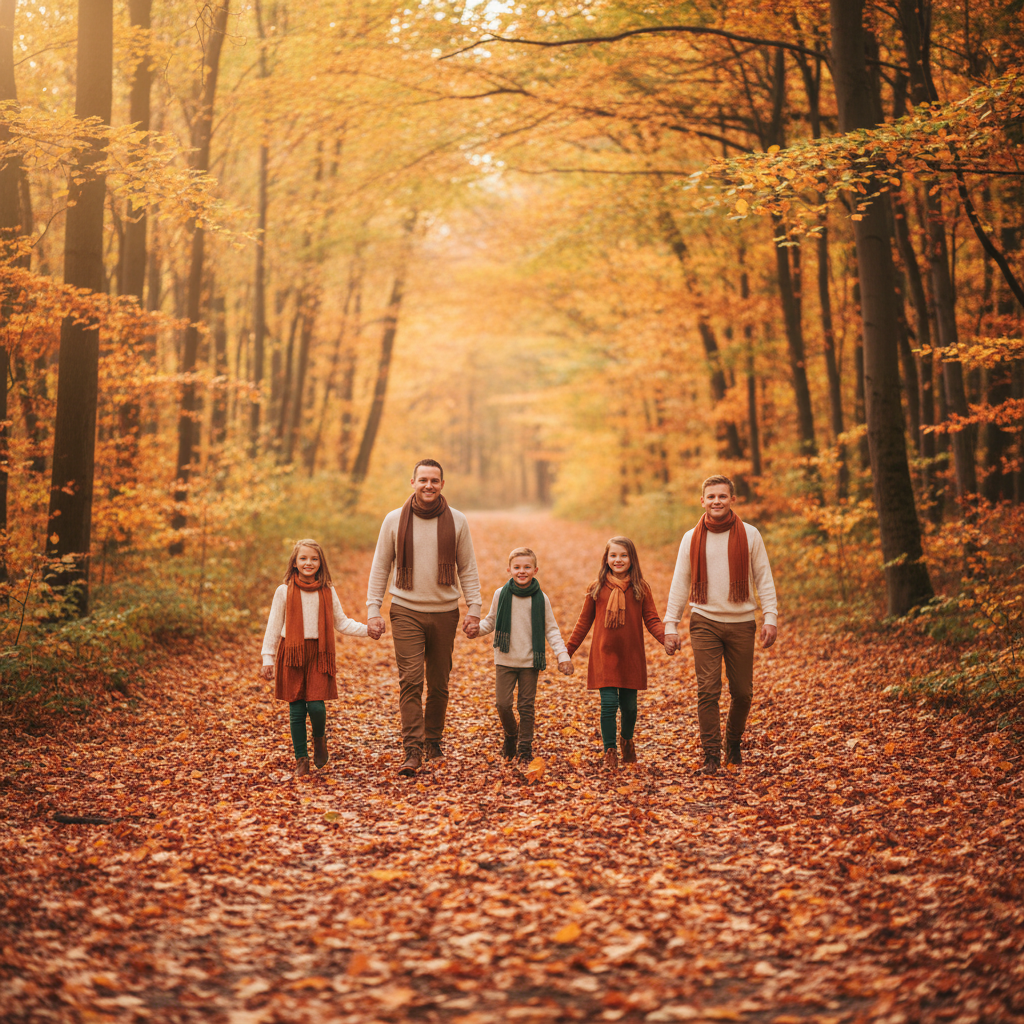 Walking the Forest Path - Family walks together down a sun-dappled forest trail. Holding hands in a chain. Tall trees on both sides create a natural cathedral. Shot from ahead as they approach.