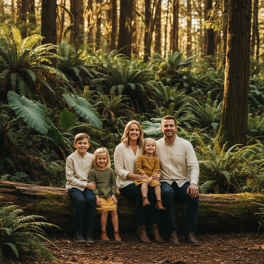 Sitting on a Fallen Log - Family sits together on a large fallen log in the forest. Kids between parents. Natural arrangement with everyone at slightly different heights. Forest greenery behind.