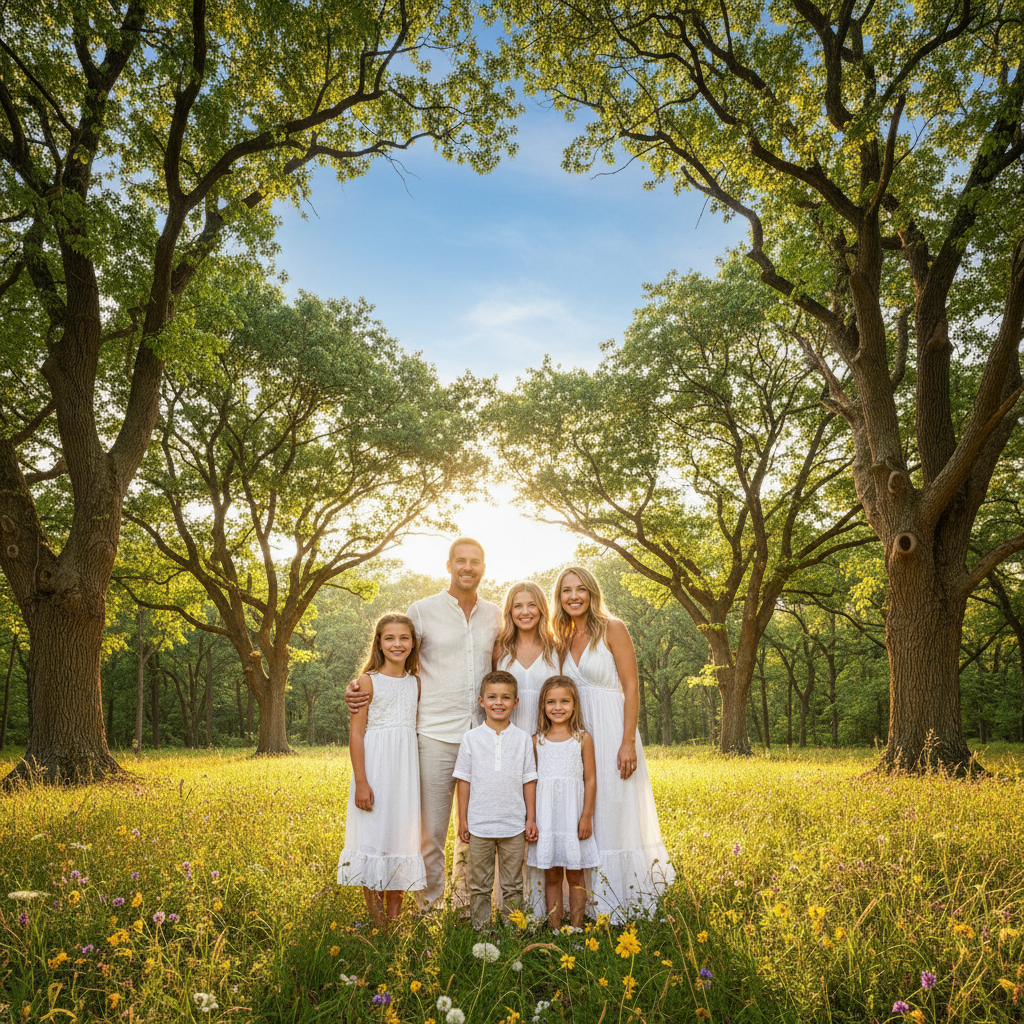 Forest Meadow Clearing - Family stands together in a sunny clearing within the forest. Trees ring around them in the background. Wildflowers or tall grass at their feet. Open sky above.