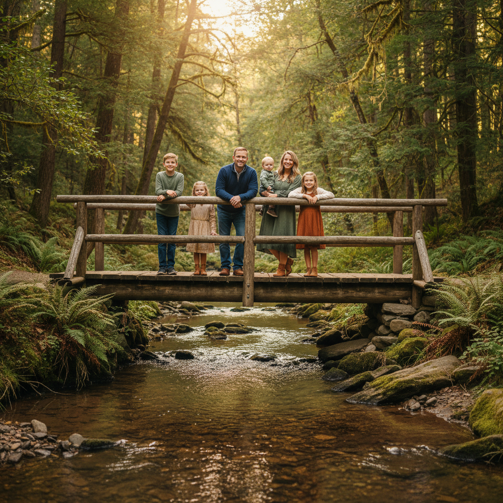 Forest Bridge Crossing - Family stands together on a small wooden bridge over a forest creek. Leaning on the railing. Trees and water below create a magical setting. Everyone faces camera.