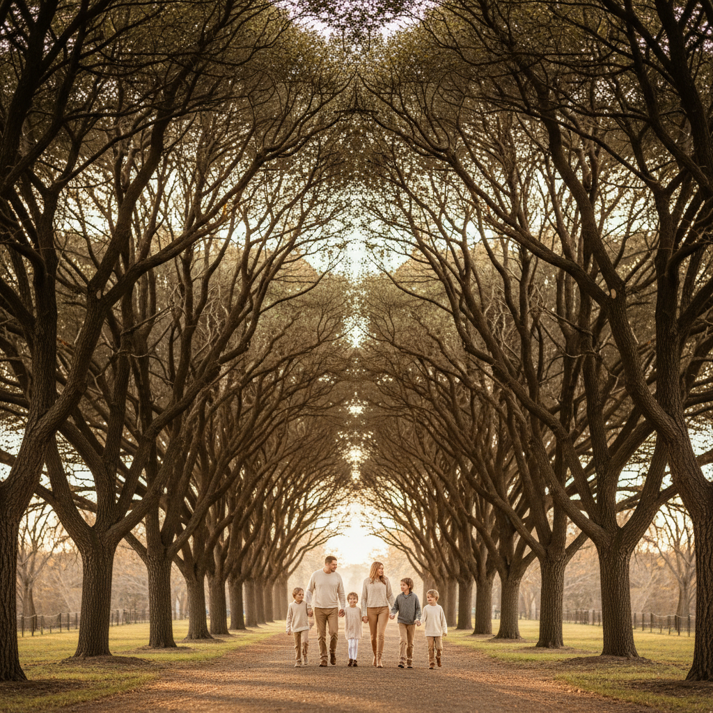 Tree-Lined Avenue - Family walks together down a path with matching trees on both sides forming a natural corridor. Shot from the end of the path for perfect symmetry and leading lines.