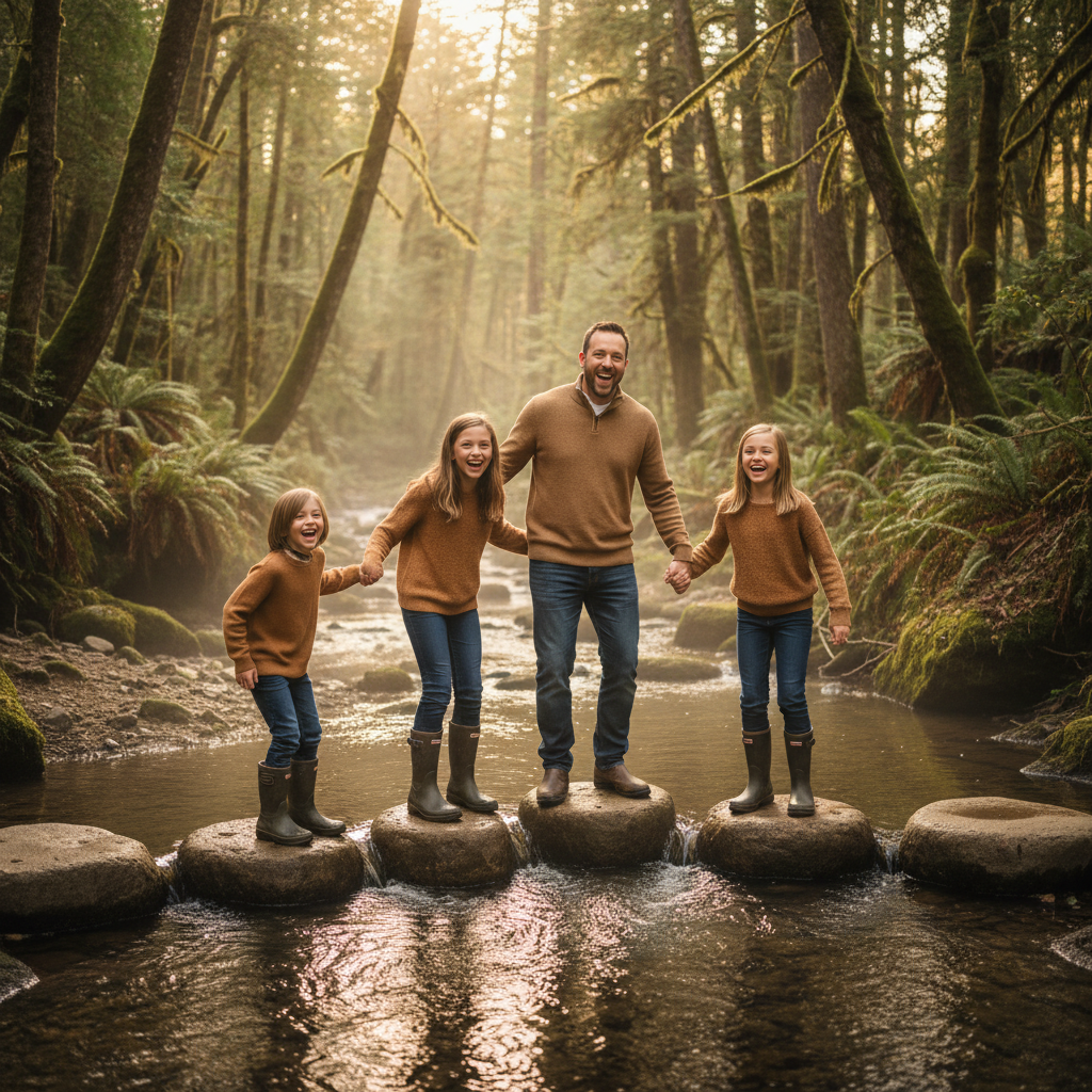 Under the Big Oak - Family stands together under the canopy of a massive spreading oak tree. The tree's branches frame them from above. Everyone looks at camera with the tree as a natural backdrop.