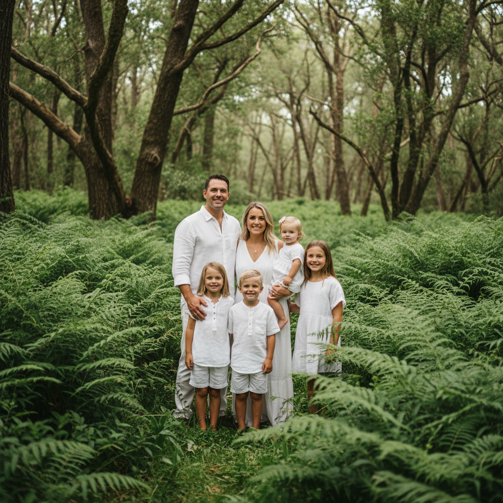 Among the Ferns - Family stands in a grove of tall green ferns up to waist height. The ferns create a lush natural foreground. Forest trees tower behind. Fresh and vibrant green setting.