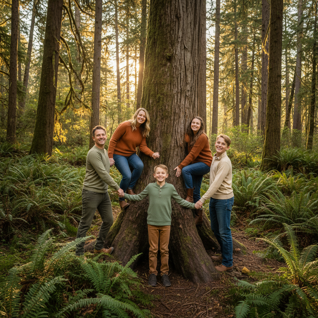 Standing in the Sunbeam - Family stands in a single shaft of sunlight breaking through the forest canopy. Surrounding area darker, making them glow. Magical natural spotlight effect.