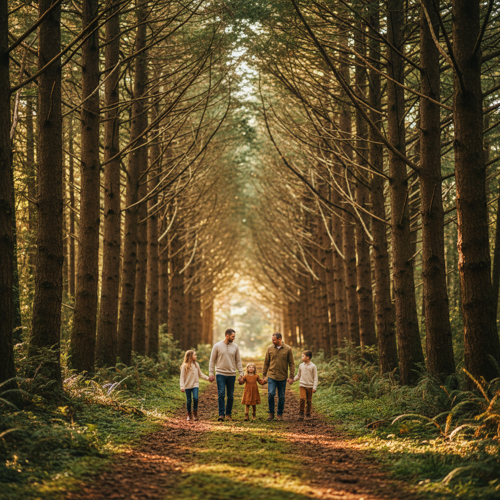 Autumn Leaf Path - Family walks along a forest path covered in fallen autumn leaves. Warm orange and red leaves on the ground and still on the trees. Golden autumn light creates a warm glow.