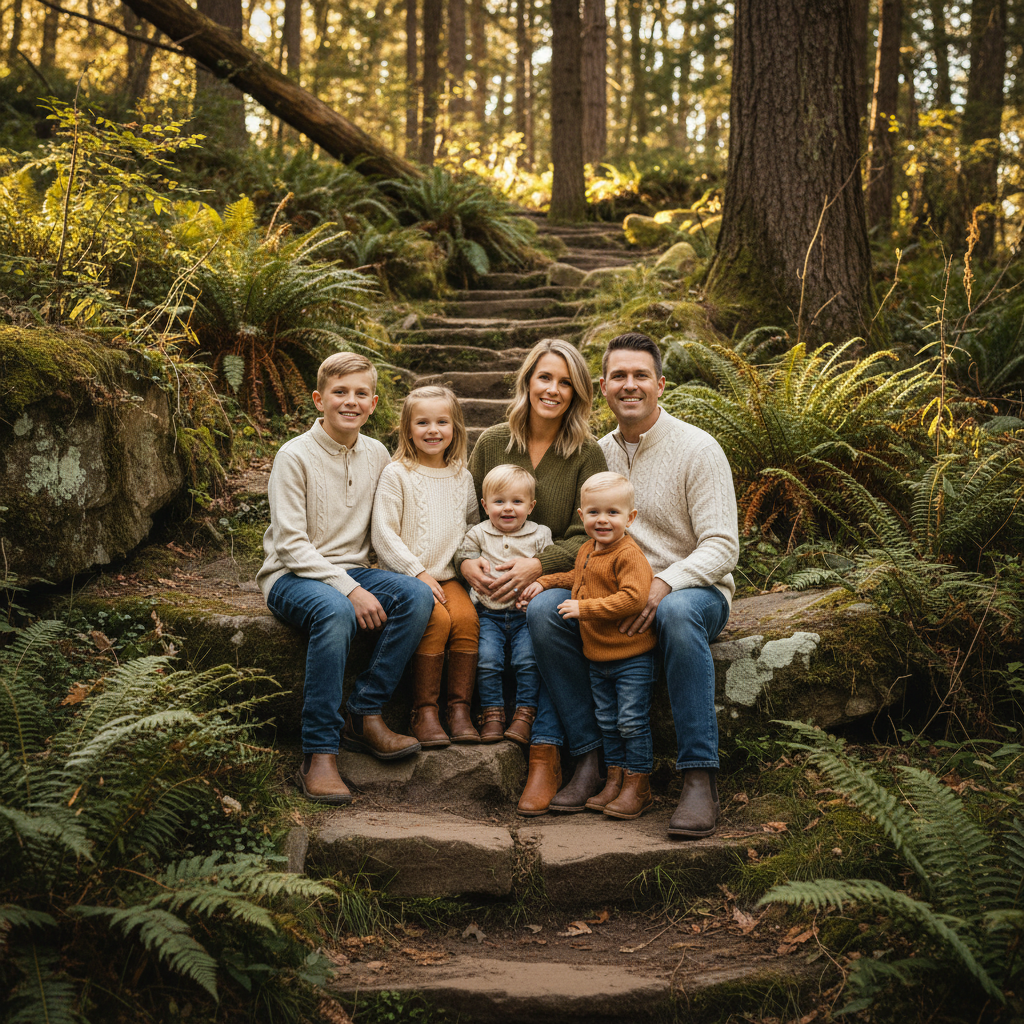 Canyon Overlook - Family stands at a forest canyon overlook with trees and valley visible behind them. Arms around each other looking at camera. Dramatic natural depth and scale.