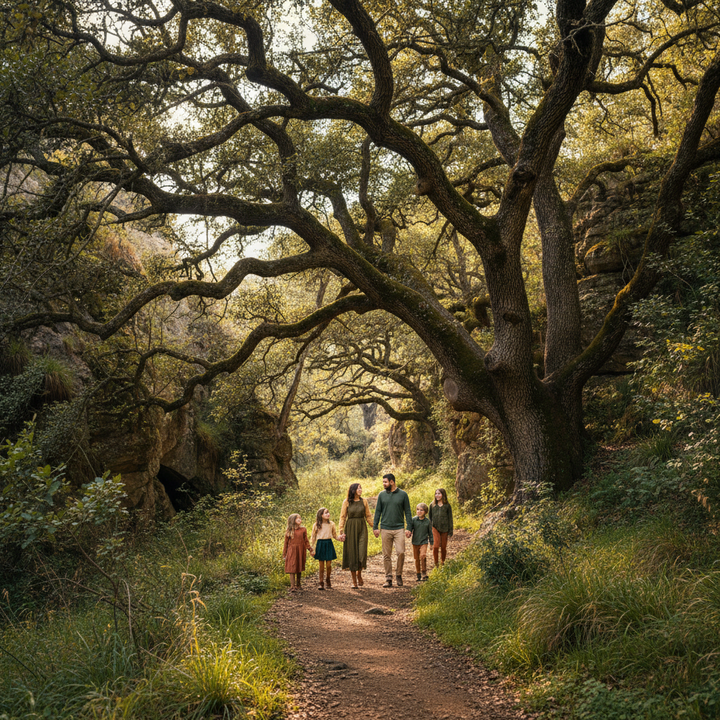 Tall Pine Forest - Family stands among towering pine trees that stretch up beyond the frame. Shot from below to emphasize the height. Family small against the grand scale of nature.