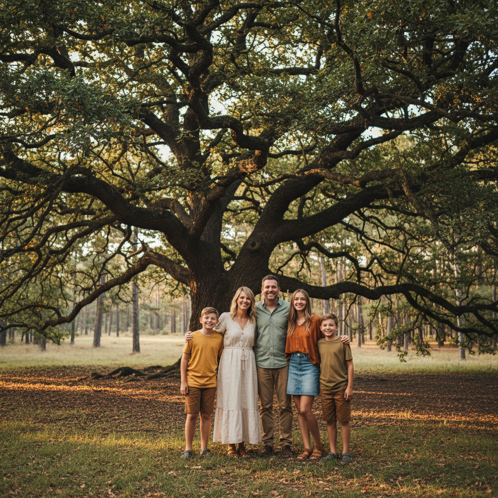 Creek Stepping Stones - Family stands on large stepping stones in a shallow forest creek. Each person on their own stone. Water flowing gently around them. Fun and adventurous forest portrait.