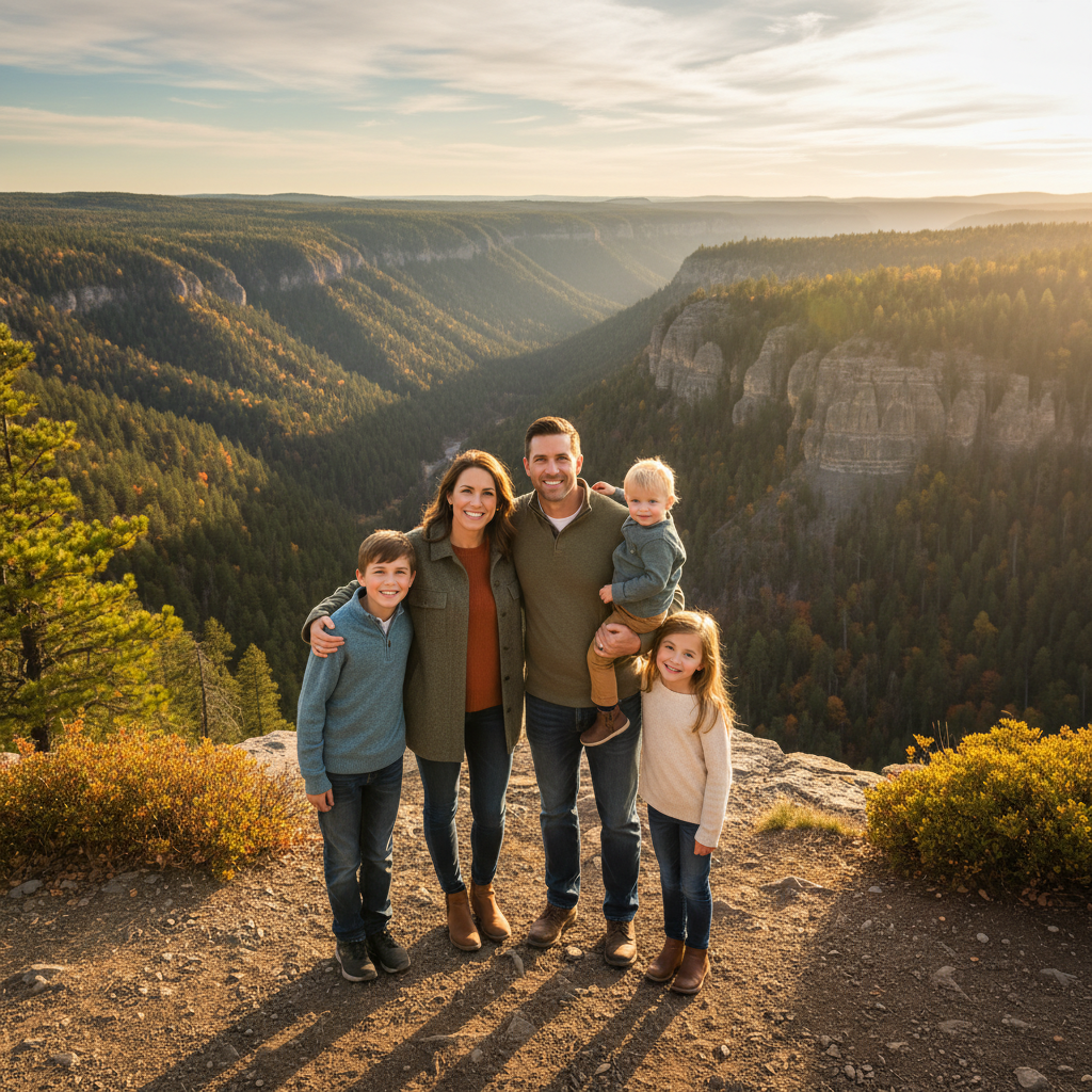 Golden Hour Through Trees - Family stands together with golden sunset light streaming through the forest trees behind them. Strong backlight creates rim lighting on hair and warm glow. Magical golden hour.