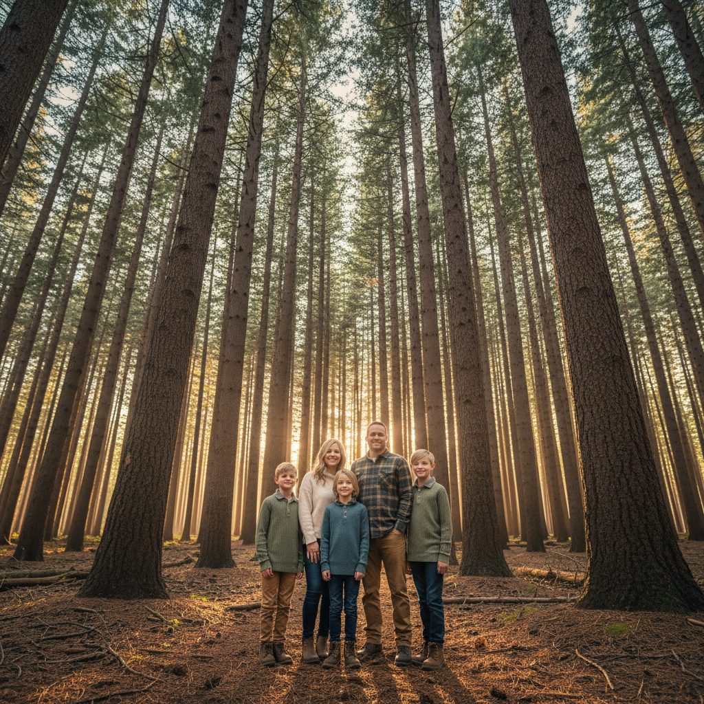 Oak Canyon Trail - Family walks together on a winding trail through an oak canyon with old-growth oaks arching overhead. Dramatic scale with massive trees and narrow trail. Nature surrounds them.
