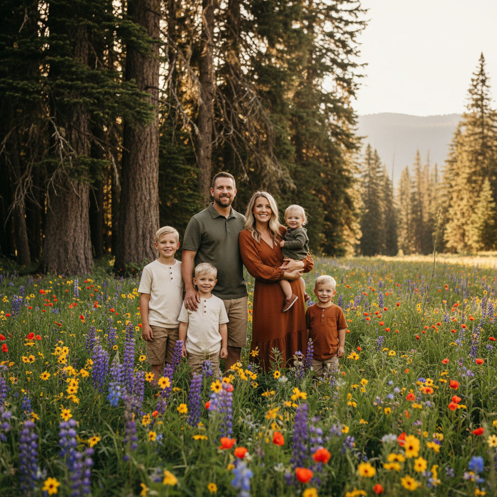 Circle Around the Tree - Family holds hands in a circle around a large tree trunk, all facing outward toward camera. Each person visible between the trees. Fun, connected, and nature-loving.