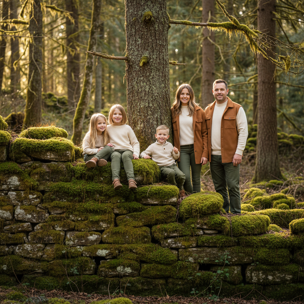 Framed by Branches - Family stands together framed by overhanging tree branches creating a natural arch or frame around them. Shot through the branch frame for a layered forest composition.