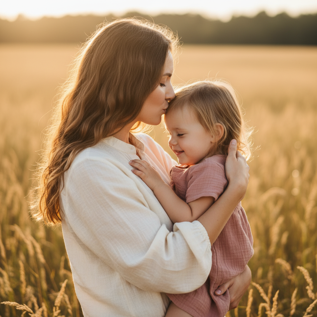 Forehead Kiss - Mom holds child close to her chest with both arms wrapped gently around them. She leans down and presses a soft kiss on the child's forehead. Child closes eyes and smiles peacefully with hands resting on mom's arms. Shoot from a slight side angle to capture both profiles.