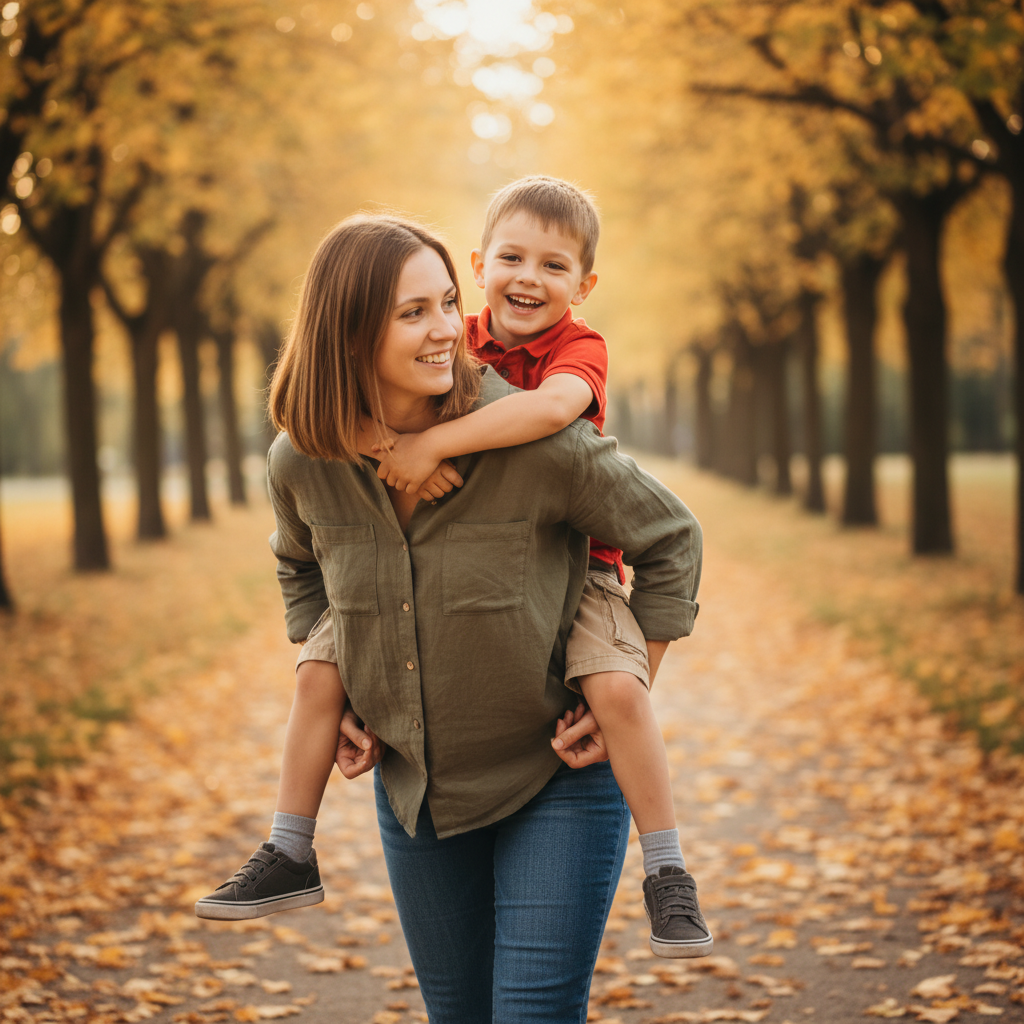 Nose to Nose Boop - Mom and child face each other with foreheads almost touching. Their noses gently press together in a playful boop. Both have big smiles with eyes slightly squinted from grinning. Mom holds child's face gently with one hand. Shoot straight on at their eye level.