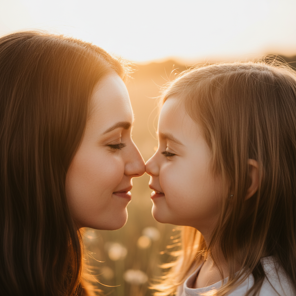 The Secret Whisper - Child cups both hands around mom's ear and whispers a secret. Mom leans down with a big surprised or delighted smile, eyes wide. Child has a mischievous grin. Shoot from child's side to show both faces. Works best with child standing on a step or bench for height.
