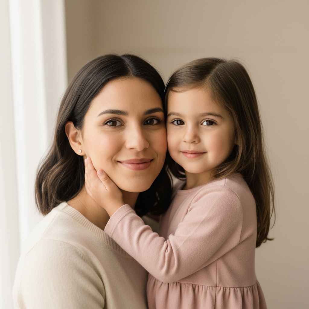 Cheek to Cheek Portrait - Mom and child press their cheeks together and look directly at the camera. Both have soft natural smiles. Mom tilts her head slightly toward the child. Child's hand rests on mom's opposite cheek. Frame tightly from shoulders up. Classic studio-style portrait.