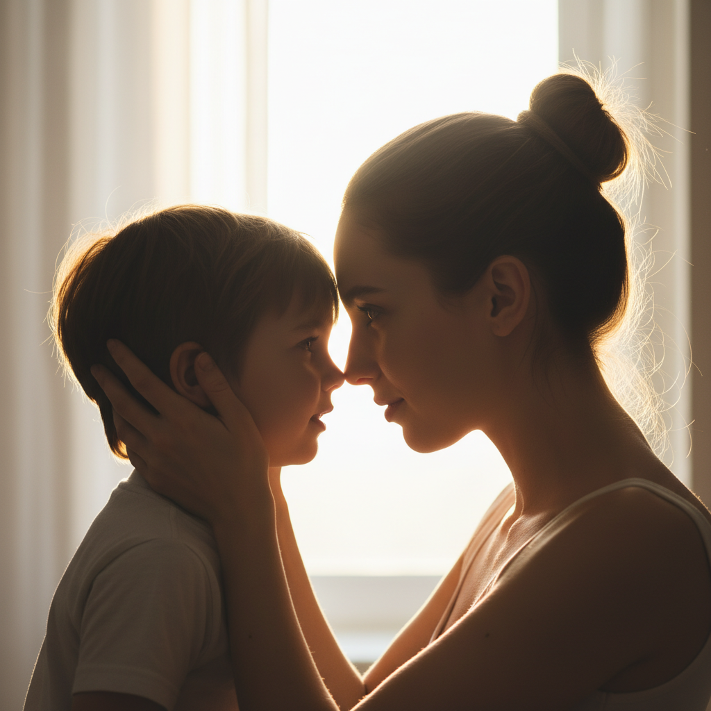 The Big Bear Hug - Child runs into mom's arms for a big hug. Mom kneels down with arms wide open, scooping child into a tight embrace. Child's feet may lift slightly off the ground from the force of the hug. Both squeeze tight with eyes closed. Capture the moment of impact.