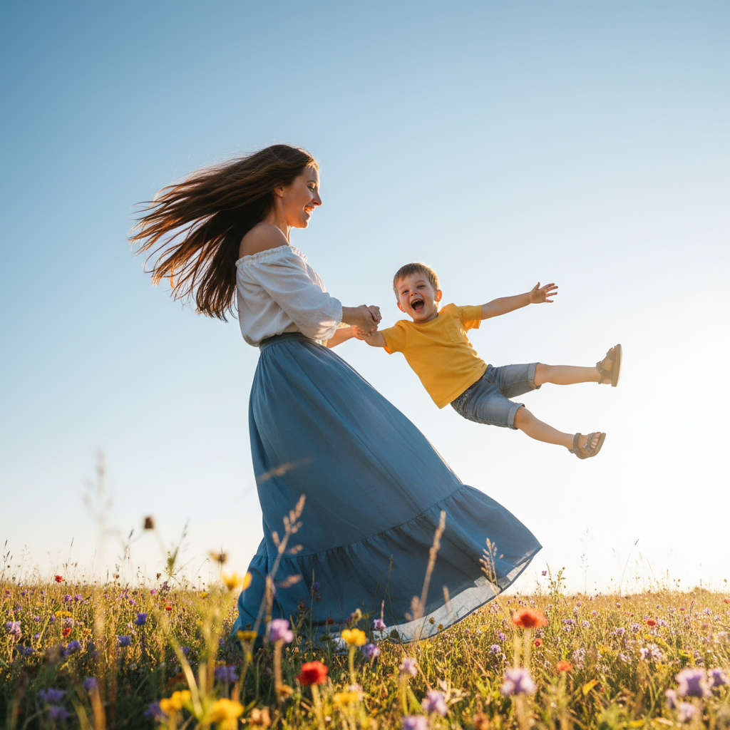 Picking Wildflowers - Mom and child kneel together in a wildflower field picking flowers. Child holds a small bouquet and hands one flower to mom. Mom reaches out to accept it with a touched smile. Both surrounded by colorful blooms. Shoot from ground level for an immersive feel.