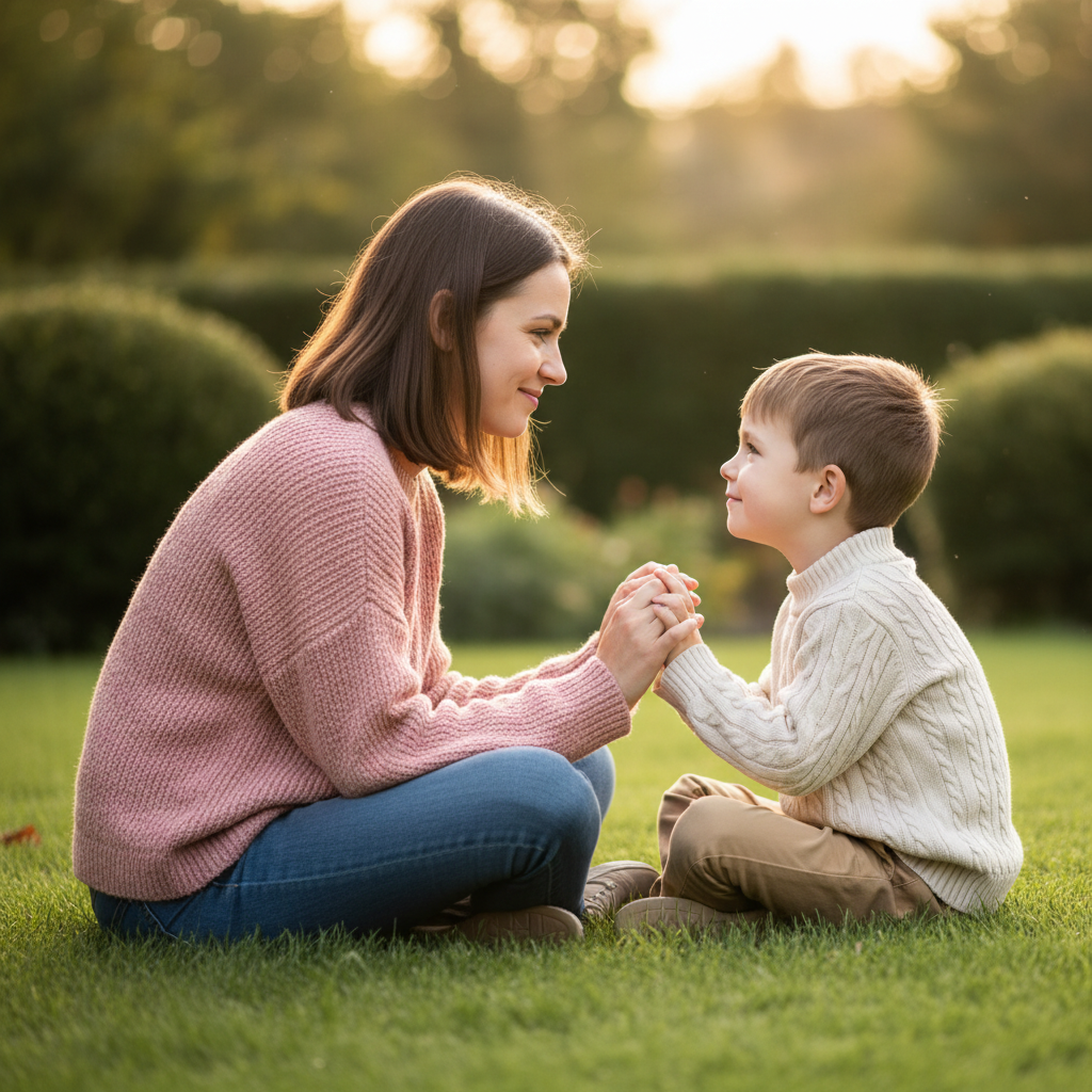 Eyes of Love - Mom and child sit facing each other cross-legged on the ground. They hold each other's hands between them and gaze into each other's eyes with soft genuine smiles. Peaceful and still. Shoot at their seated eye level from a side angle to see both faces.