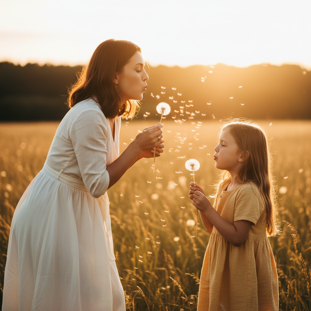 Make a Wish - Mom and child each hold a dandelion puff. They blow them together at the same time, seeds floating in the air between them. Both have puffed cheeks and amused eyes. Backlight catches the floating seeds. Shoot from a low side angle.