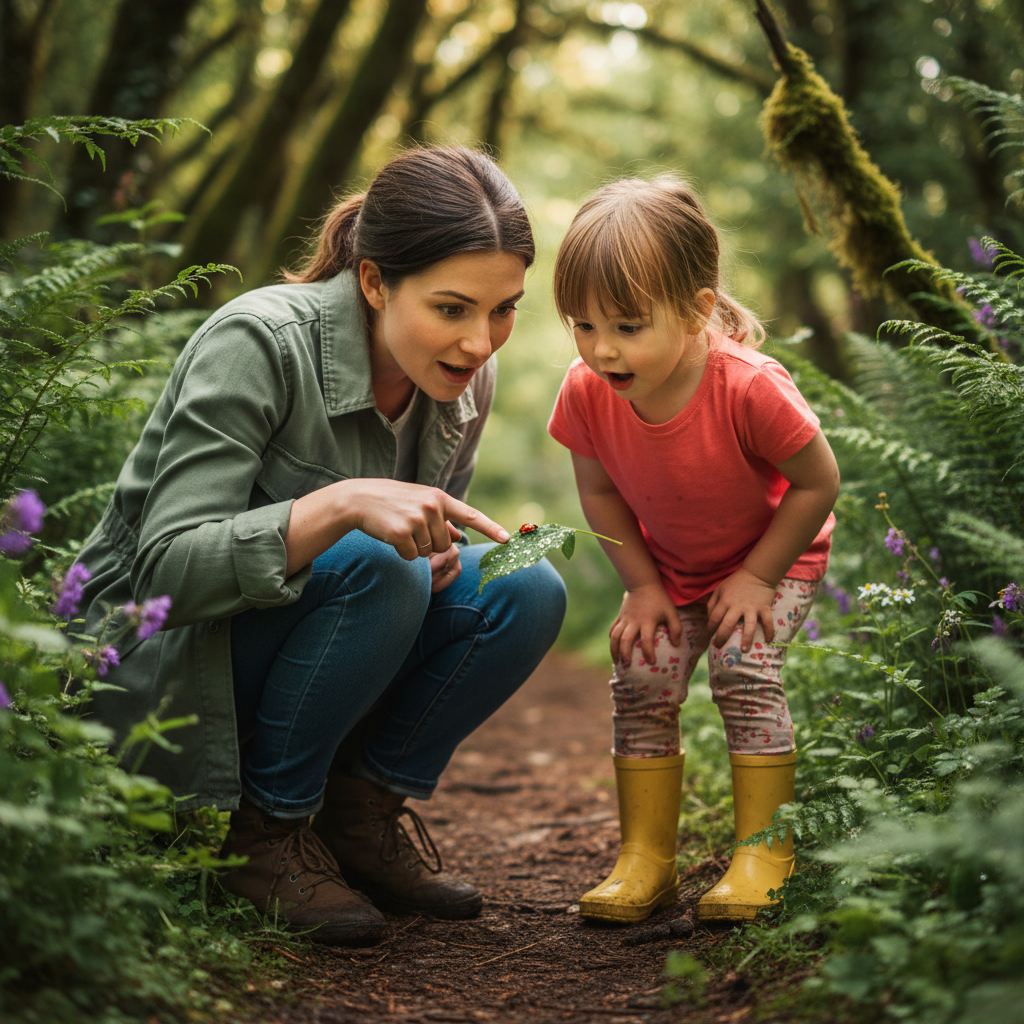 Little Chef Helper - Child stands on a step stool at the kitchen counter next to mom. They mix something in a bowl together, both hands on a wooden spoon. Mom guides the child's hands. Flour dusted on their clothes and noses. Happy messy moment. Shoot from across the counter.