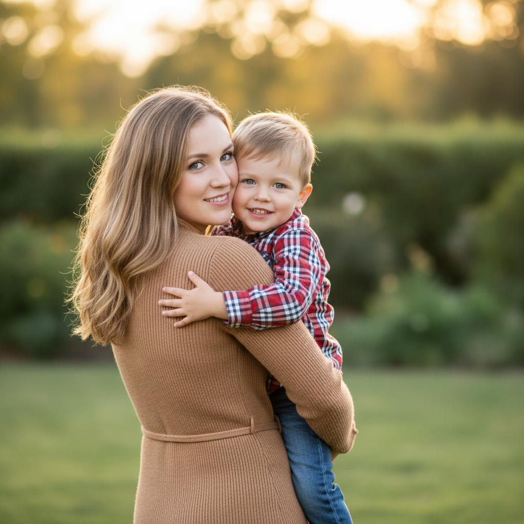 Up in the Air - Mom lifts child straight up above her head with both hands around their ribcage. Child extends arms and legs like a starfish, laughing hysterically. Mom looks up at child with pure adoring joy. Shoot from a low angle to see both faces against the sky.