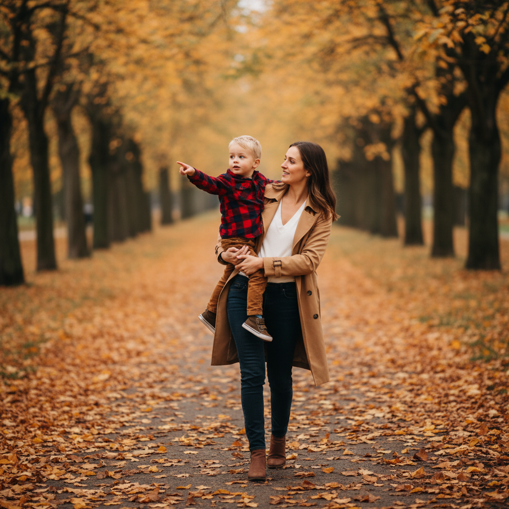 Mini Me Mirror - Mom and child wear matching or coordinated outfits and stand facing camera in the same pose. Identical hand positions and expressions like a mirror. Child mimics mom's stance exactly. Fun and stylish. Frame full body with space above and below.