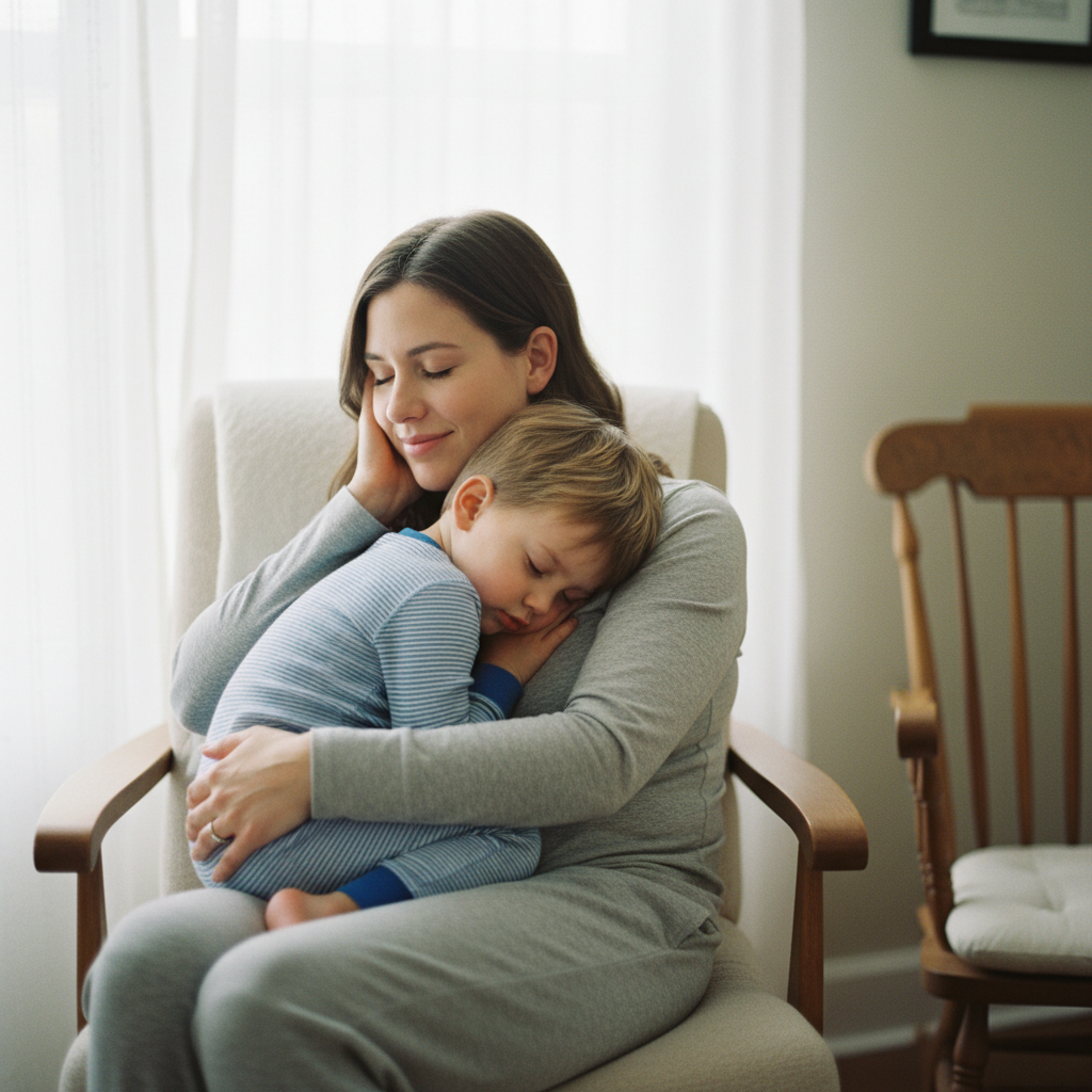 Sleepy Time Snuggle - Child has fallen asleep in mom's arms. Mom cradles child against her chest, one hand supporting their head. Child's face is peaceful and relaxed against mom's shoulder. Mom presses her cheek against child's hair with closed eyes and a serene smile. Soft quiet mood.