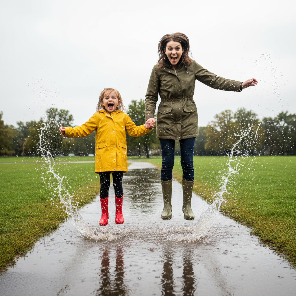 Puddle Splash Jump - Mom and child hold hands and jump into a puddle together, both feet leaving the ground simultaneously. Water splashes up around their rain boots. Child wears a bright raincoat. Both have faces full of wild delight. Shoot from low angle to emphasize the splash and jump height.