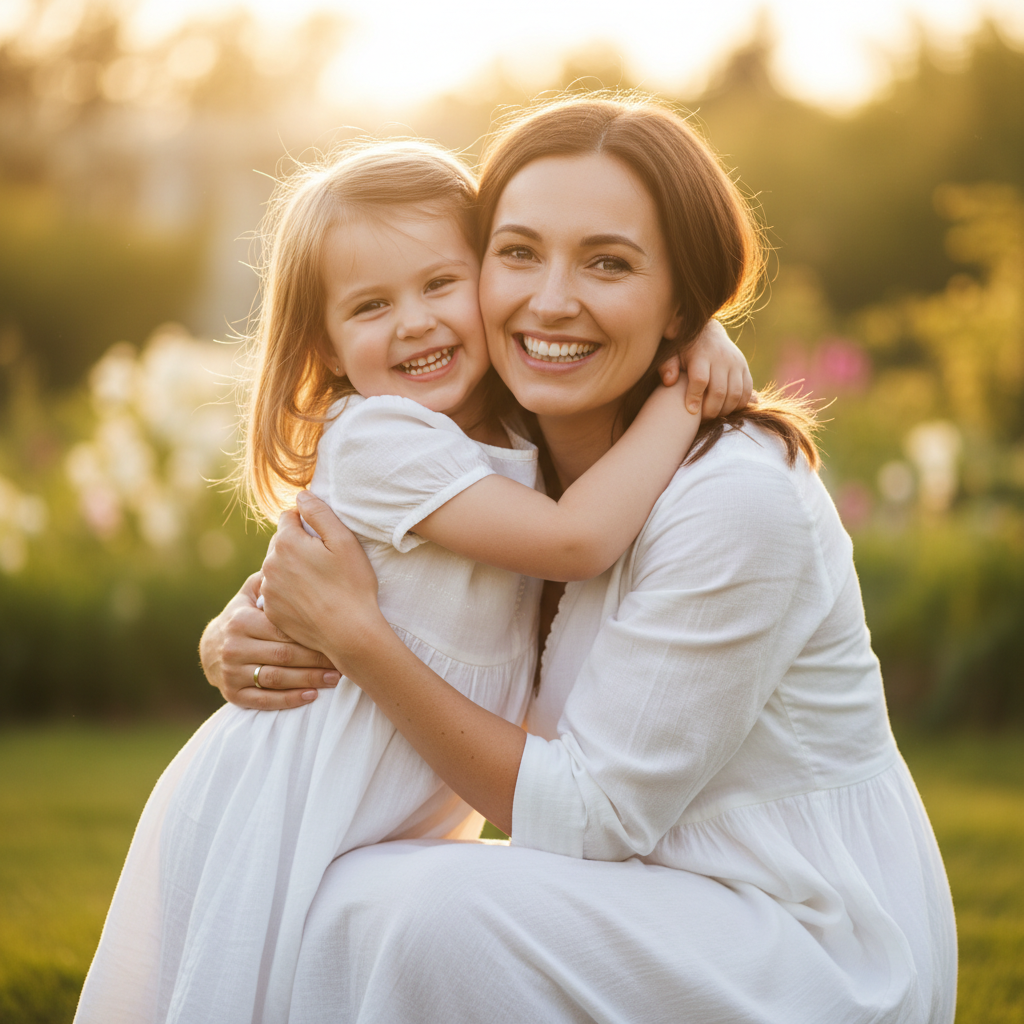 Standing Hug Face Camera - Mom kneels or crouches to child's height. Child wraps arms around mom's neck in a hug. Both face camera with big smiles. The most classic and universal mom-child portrait.