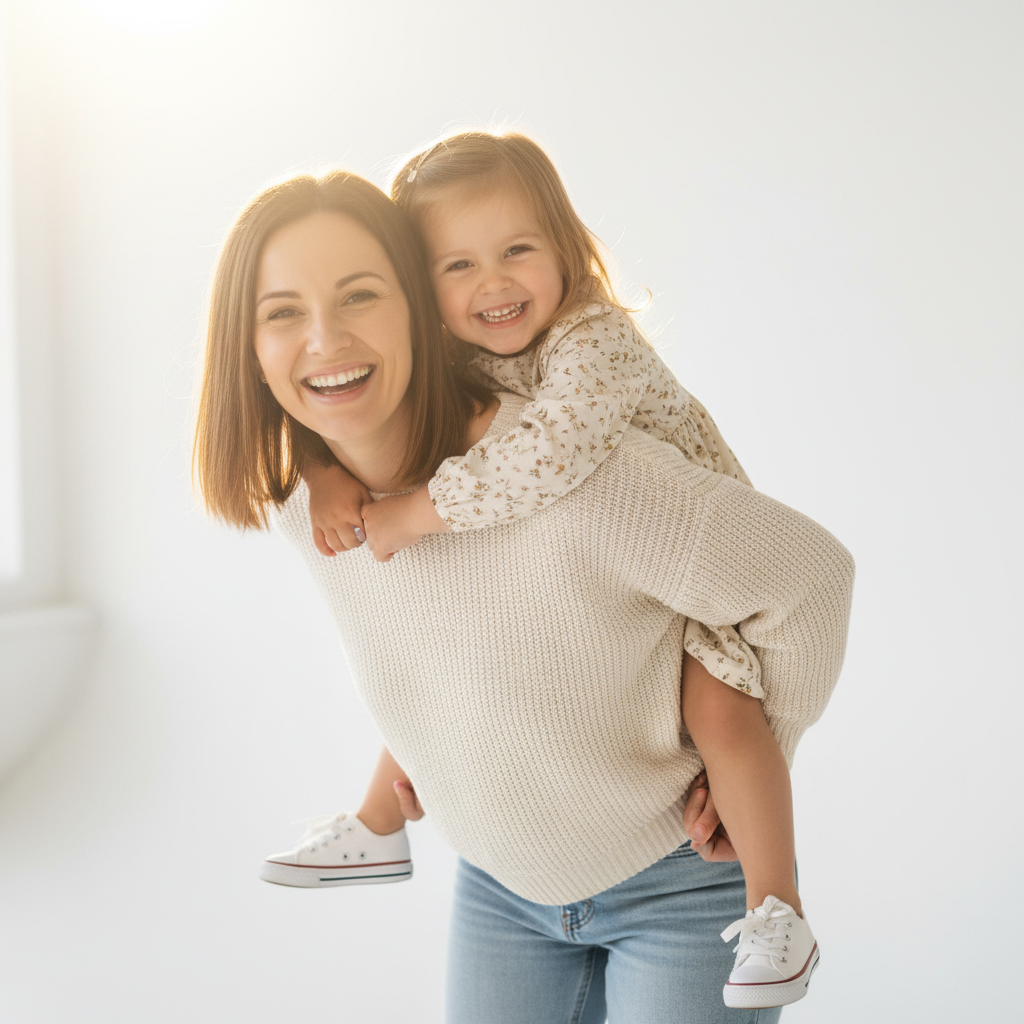 Holding Hands Portrait - Mom and daughter stand side by side facing camera, holding hands. Mom looks at camera, daughter looks up at mom with adoring smile. Simple, sweet, and works anywhere.